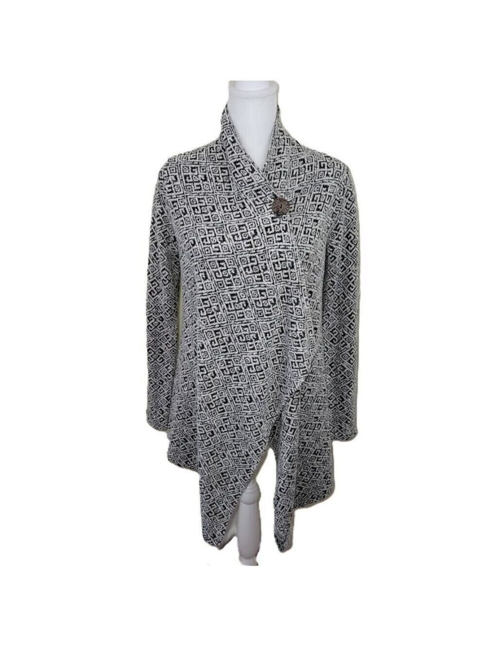 Bobeau One Button Wrap Cardigan Sweater Black White Patterned Knit Women's SZ S